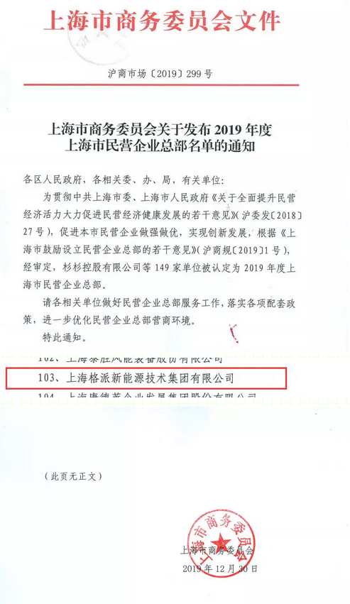喜報！格派集團(tuán)被評為上海民營企業(yè)總部